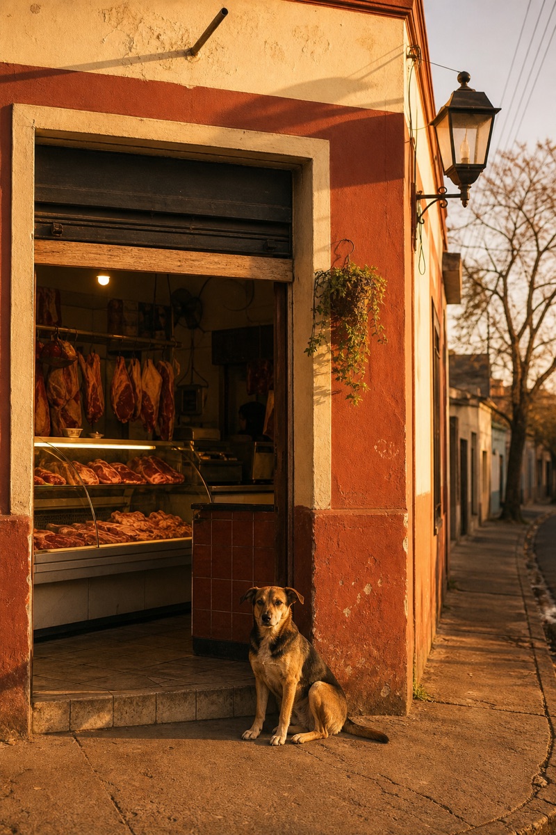 Fachada de una carnicería de barrio con un perro en la puerta