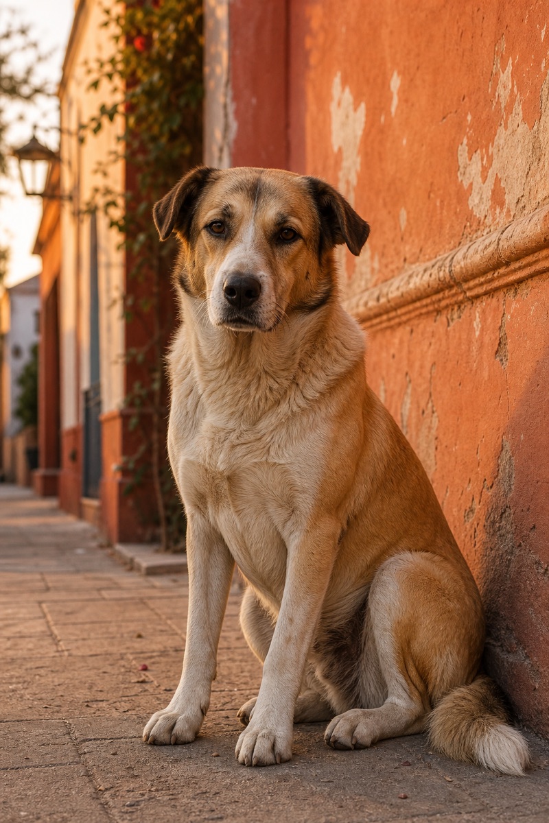 Perro de barrio sentado frente a una pared terracota