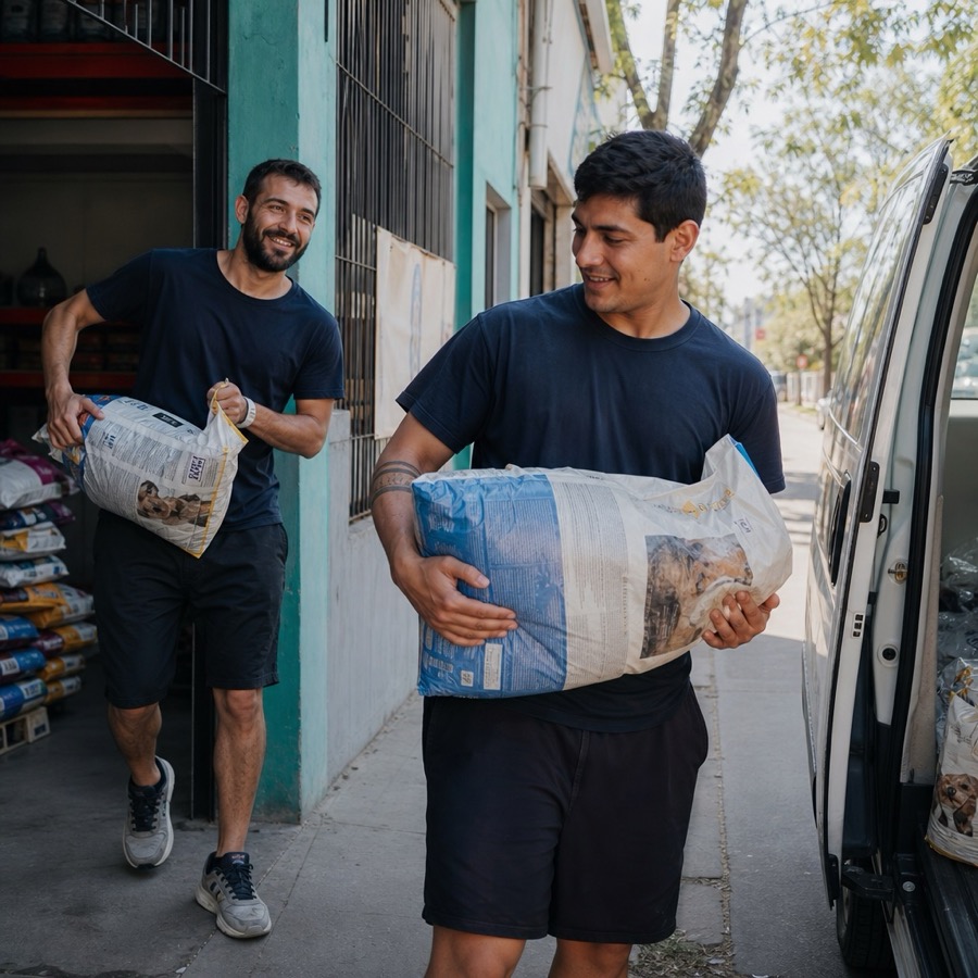 Voluntarios trasladando bolsas de alimento